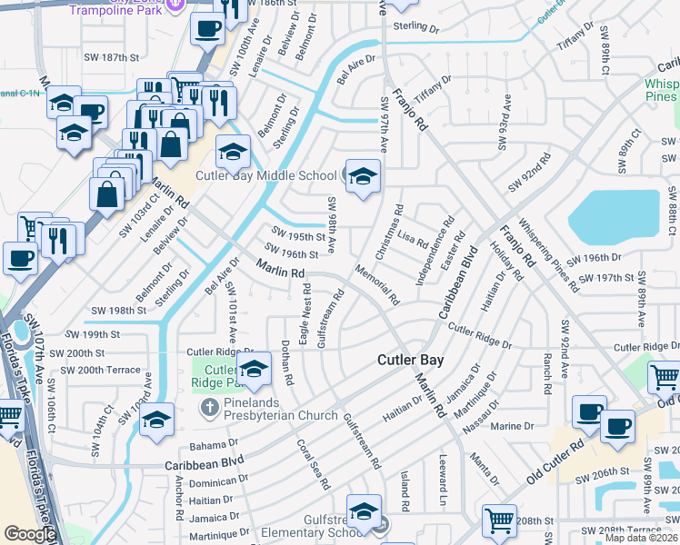 map of restaurants, bars, coffee shops, grocery stores, and more near 9815 Southwest 197th Street in Cutler Bay