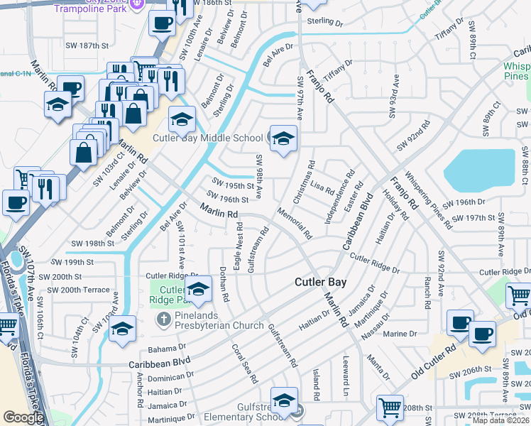 map of restaurants, bars, coffee shops, grocery stores, and more near 9815 Southwest 197th Street in Cutler Bay