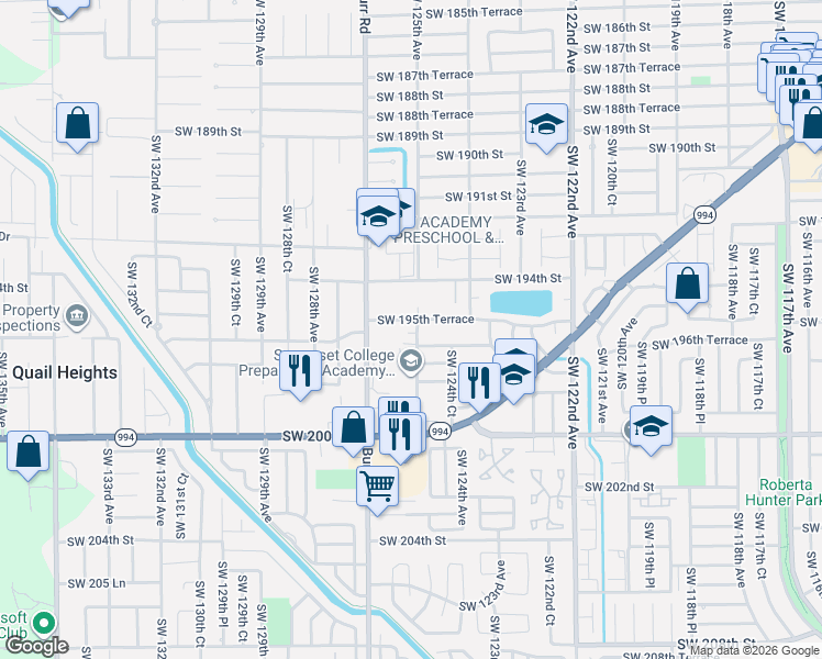 map of restaurants, bars, coffee shops, grocery stores, and more near 19600 Southwest 125th Avenue in Miami