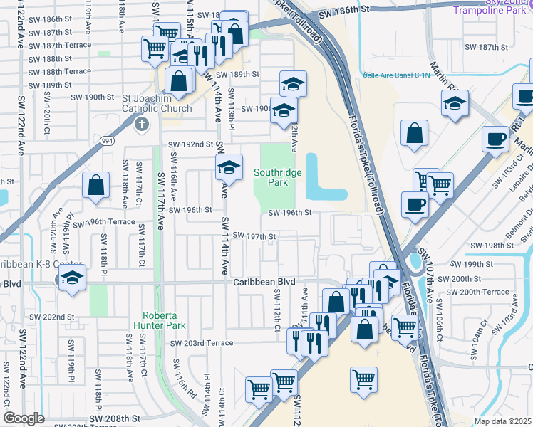 map of restaurants, bars, coffee shops, grocery stores, and more near 11280 Southwest 196th Street in Miami