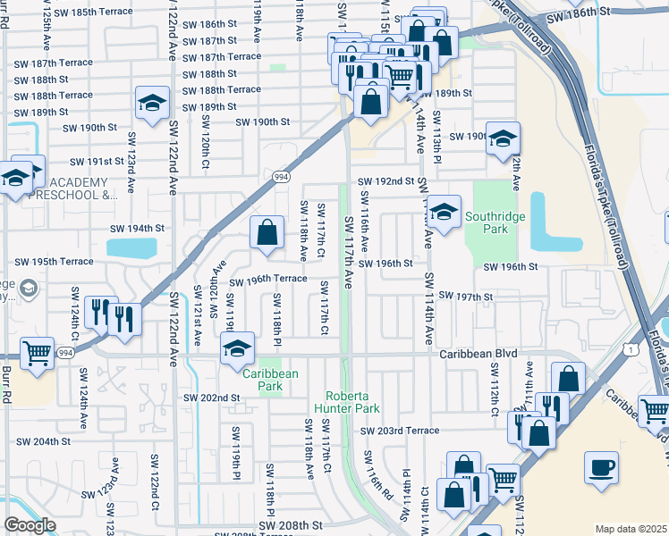 map of restaurants, bars, coffee shops, grocery stores, and more near 11752 Southwest 196th Terrace in Miami