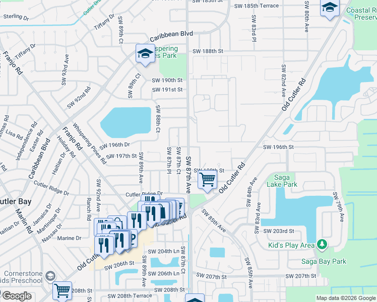 map of restaurants, bars, coffee shops, grocery stores, and more near 19717 Southwest 87th Court in Cutler Bay