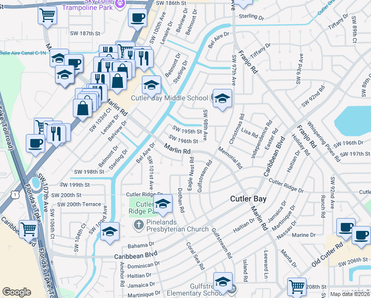 map of restaurants, bars, coffee shops, grocery stores, and more near 19640 Eagle Nest Road in Cutler Bay
