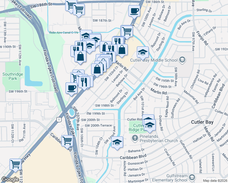 map of restaurants, bars, coffee shops, grocery stores, and more near 19700 Belmont Drive in Cutler Bay