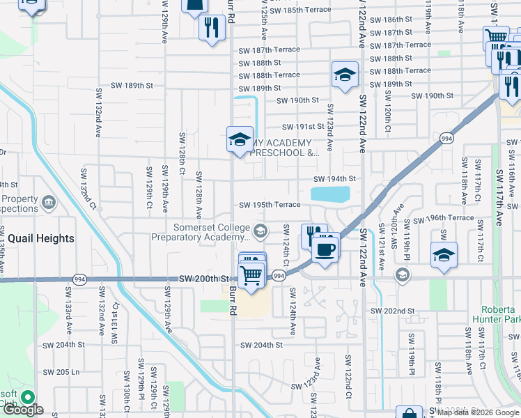 map of restaurants, bars, coffee shops, grocery stores, and more near 19600 Southwest 125th Avenue in Miami