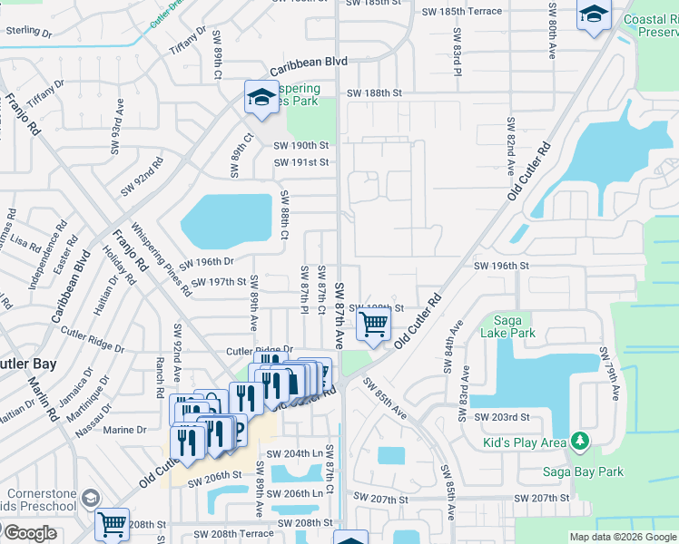 map of restaurants, bars, coffee shops, grocery stores, and more near 19717 Southwest 87th Court in Cutler Bay