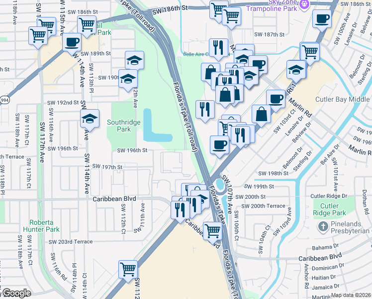 map of restaurants, bars, coffee shops, grocery stores, and more near 10900 Southwest 196th Street in Miami