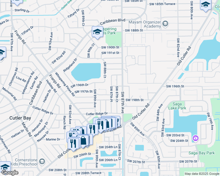 map of restaurants, bars, coffee shops, grocery stores, and more near 19512 Southwest 87th Place in Cutler Bay