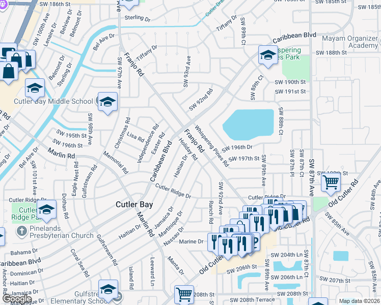 map of restaurants, bars, coffee shops, grocery stores, and more near 19531 Franjo Road in Cutler Bay