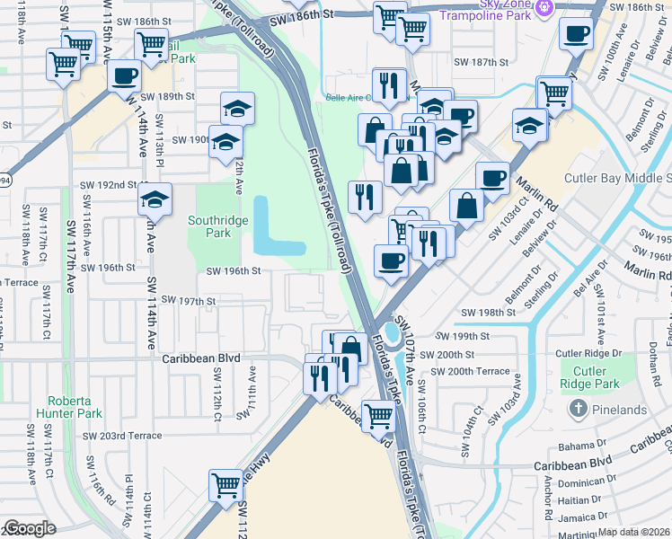 map of restaurants, bars, coffee shops, grocery stores, and more near 10926 Southwest 196th Street in Miami