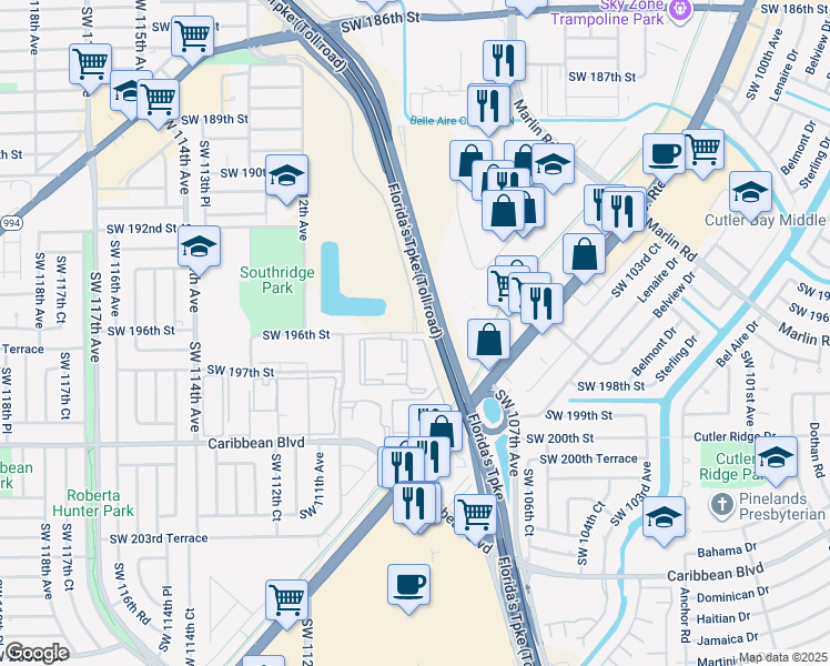 map of restaurants, bars, coffee shops, grocery stores, and more near 10926 Southwest 196th Street in Miami