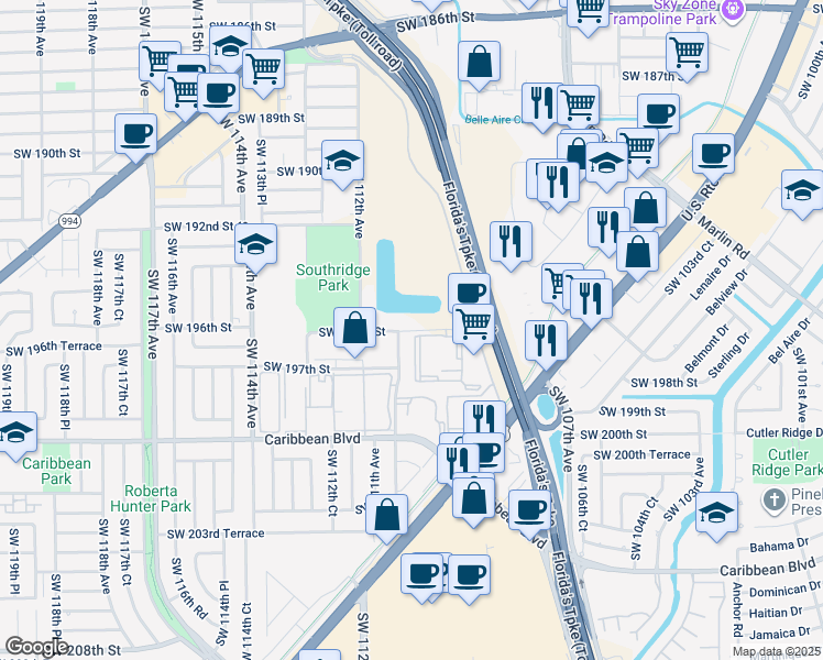 map of restaurants, bars, coffee shops, grocery stores, and more near 11195 Southwest 196th Street in Miami