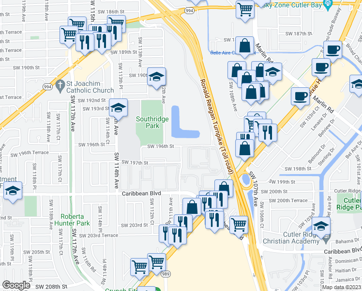 map of restaurants, bars, coffee shops, grocery stores, and more near 11100-11110 SW 196th St in Miami
