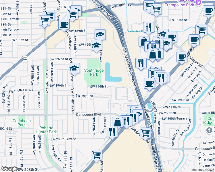 map of restaurants, bars, coffee shops, grocery stores, and more near 11100-11110 SW 196th St in Miami
