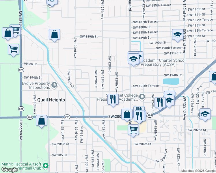 map of restaurants, bars, coffee shops, grocery stores, and more near 19500 Southwest 128th Court in Miami