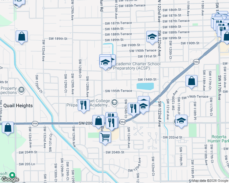 map of restaurants, bars, coffee shops, grocery stores, and more near 19450 Southwest 125th Avenue in Miami