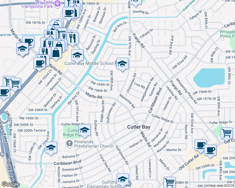 map of restaurants, bars, coffee shops, grocery stores, and more near 19521 Gulfstream Road in Cutler Bay