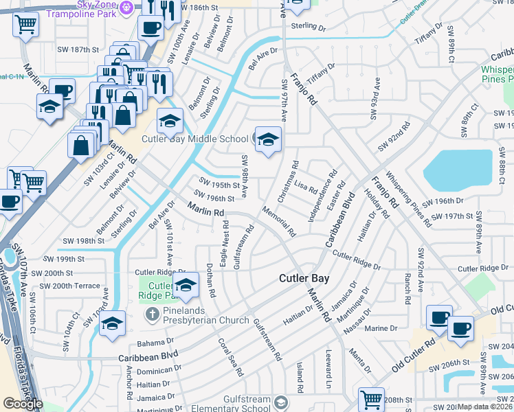 map of restaurants, bars, coffee shops, grocery stores, and more near 19515 Southwest 98th Avenue in Cutler Bay