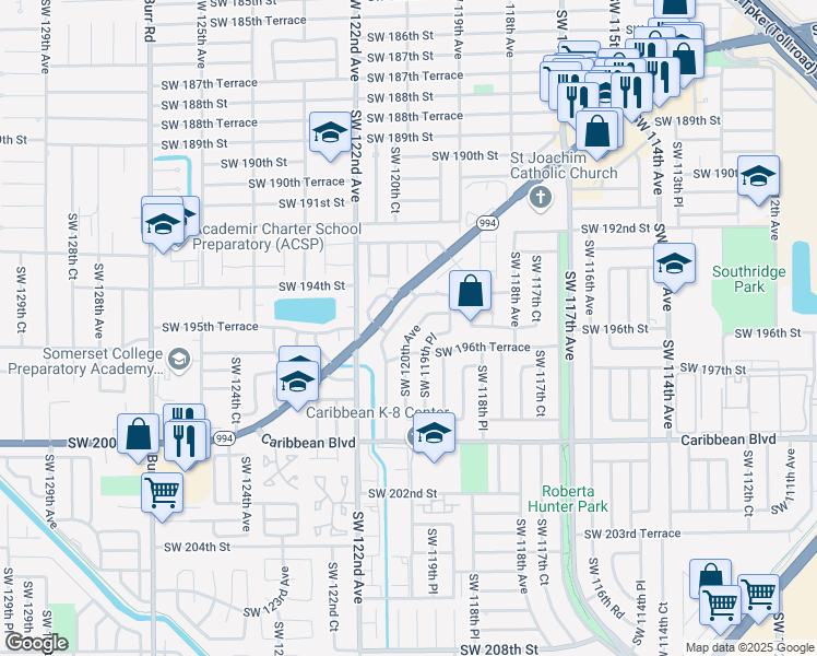 map of restaurants, bars, coffee shops, grocery stores, and more near 19502 Southwest 120th Avenue in Miami