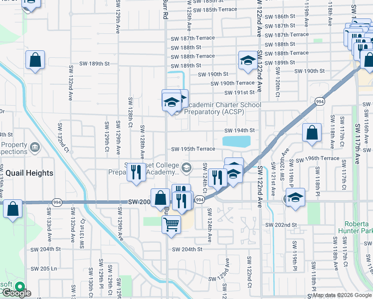 map of restaurants, bars, coffee shops, grocery stores, and more near 19450 Southwest 125th Avenue in Miami