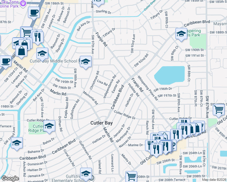 map of restaurants, bars, coffee shops, grocery stores, and more near 9430 Easter Road in Cutler Bay