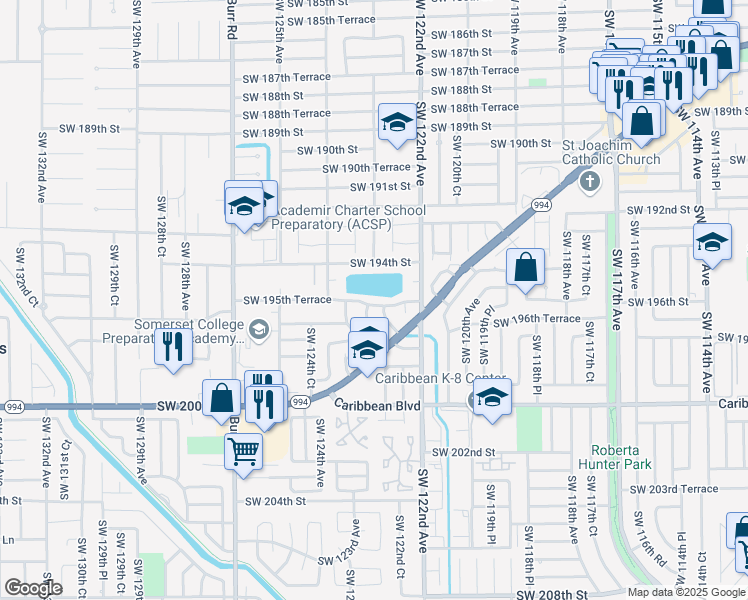map of restaurants, bars, coffee shops, grocery stores, and more near 12273 Southwest 195th Terrace in Miami
