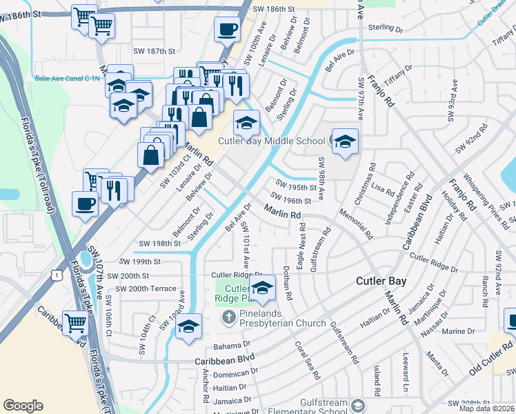 map of restaurants, bars, coffee shops, grocery stores, and more near 19640 Bel Aire Drive in Cutler Bay