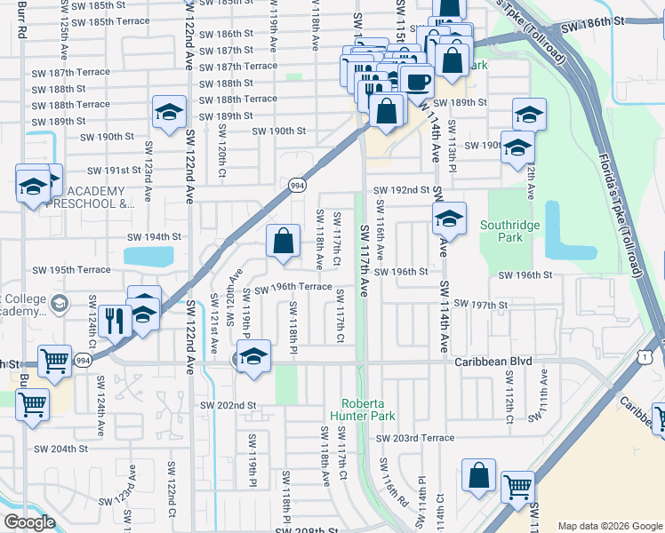 map of restaurants, bars, coffee shops, grocery stores, and more near 19510 Southwest 117th Court in Miami