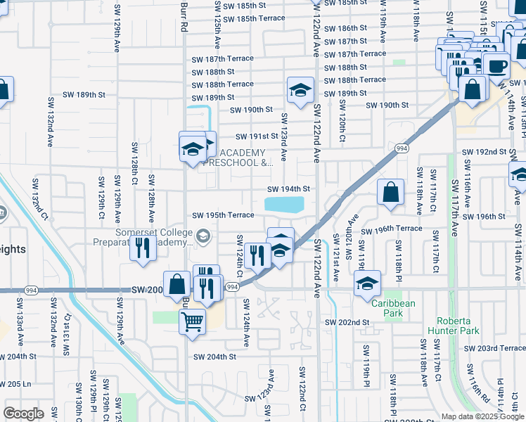 map of restaurants, bars, coffee shops, grocery stores, and more near 12364 Southwest 194th Terrace in Miami