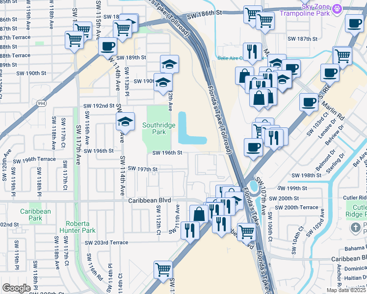 map of restaurants, bars, coffee shops, grocery stores, and more near 11195 Southwest 196th Street in Miami