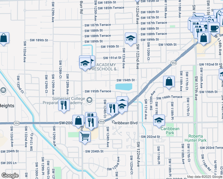 map of restaurants, bars, coffee shops, grocery stores, and more near 12364 Southwest 194th Terrace in Miami
