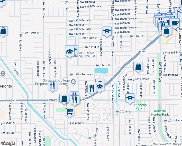 map of restaurants, bars, coffee shops, grocery stores, and more near 12364 Southwest 194th Terrace in Miami