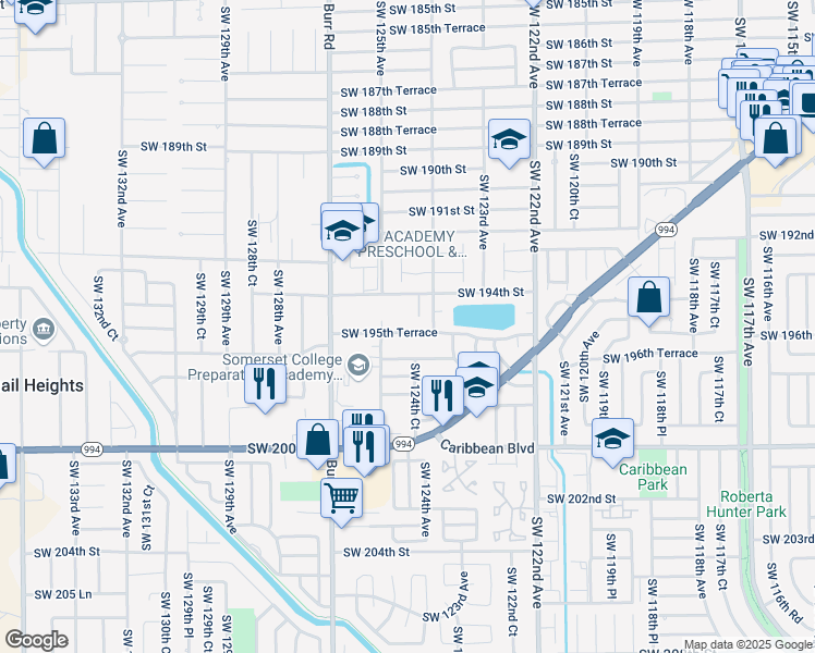 map of restaurants, bars, coffee shops, grocery stores, and more near 12477 Southwest 195th Street in Miami
