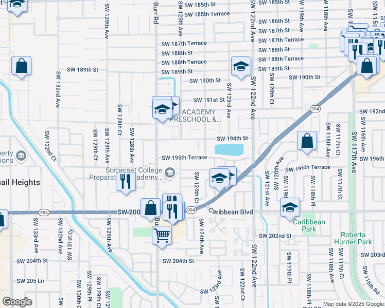 map of restaurants, bars, coffee shops, grocery stores, and more near 12477 Southwest 195th Street in Miami