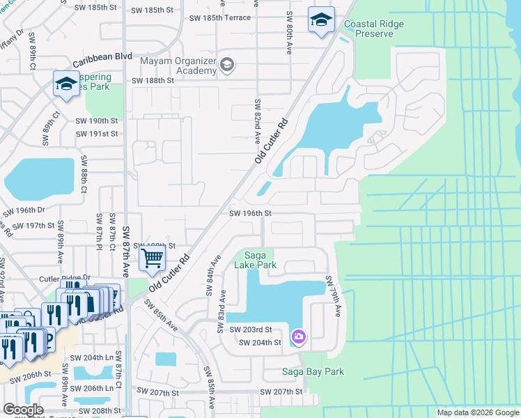map of restaurants, bars, coffee shops, grocery stores, and more near 7998 Southwest 195th Terrace in Cutler Bay