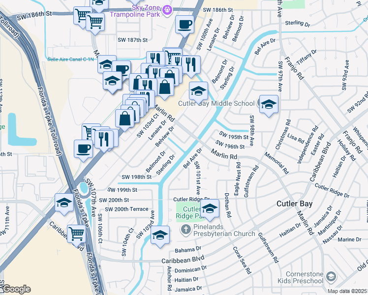 map of restaurants, bars, coffee shops, grocery stores, and more near 10200 Dolphin Road in Cutler Bay