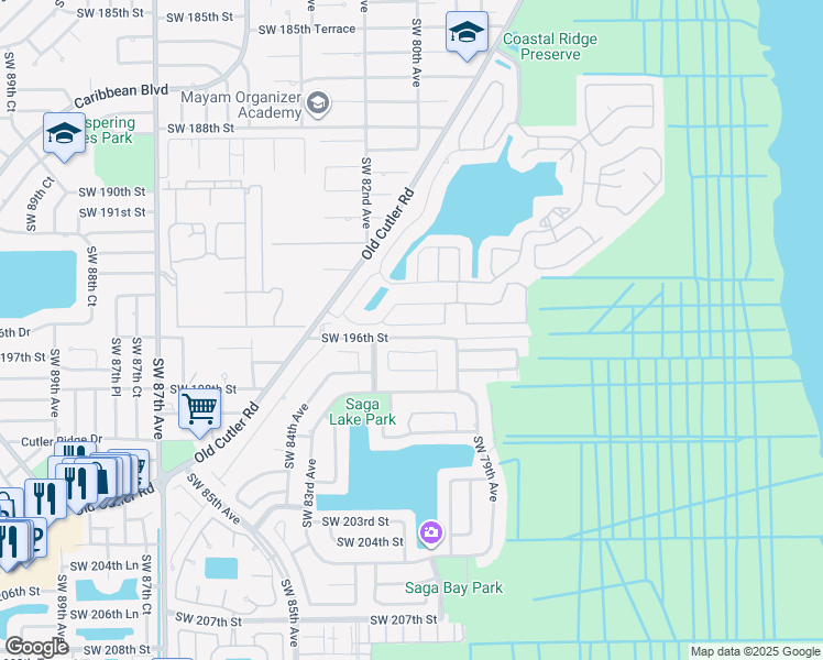 map of restaurants, bars, coffee shops, grocery stores, and more near 7962 Southwest 195th Terrace in Cutler Bay