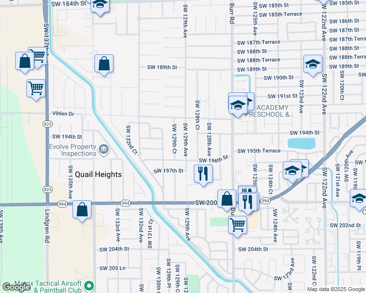 map of restaurants, bars, coffee shops, grocery stores, and more near 19400 Southwest 129th Avenue in Miami