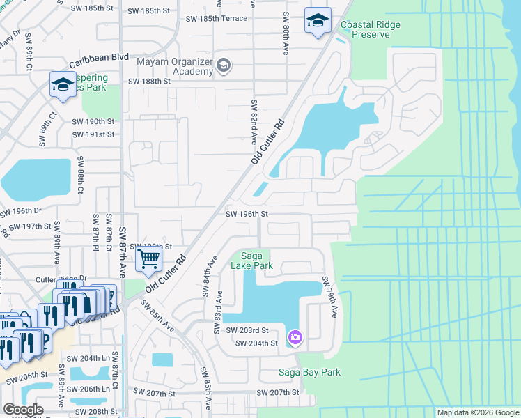 map of restaurants, bars, coffee shops, grocery stores, and more near 7998 Southwest 195th Terrace in Cutler Bay