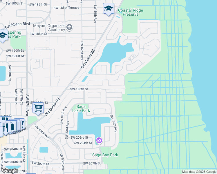 map of restaurants, bars, coffee shops, grocery stores, and more near 19537 Southwest 79th Court in Cutler Bay