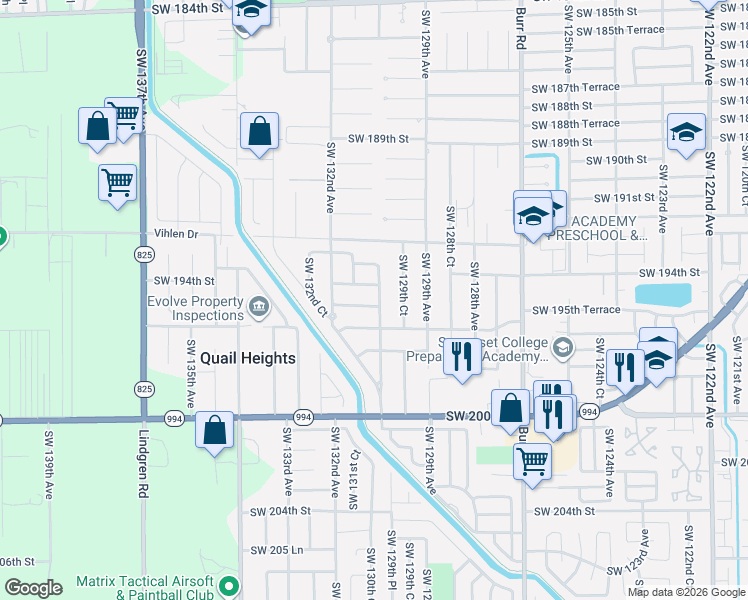 map of restaurants, bars, coffee shops, grocery stores, and more near 19463 Southwest 130th Avenue in Miami