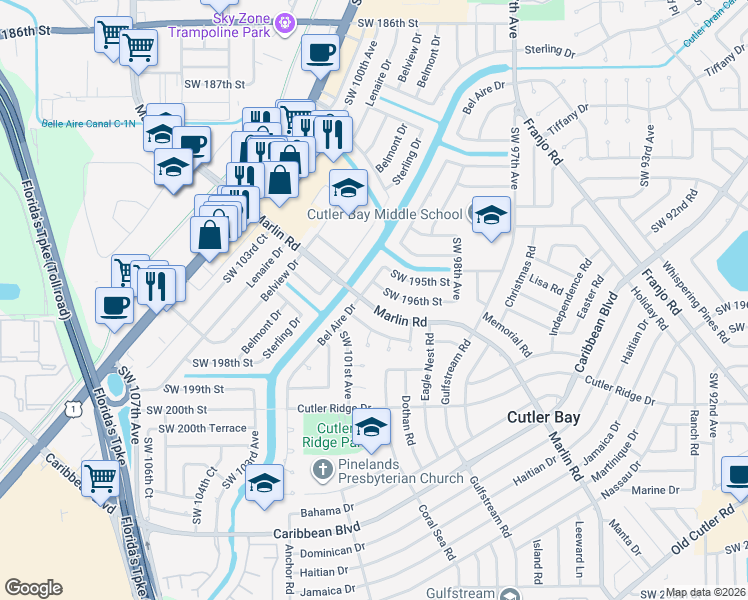 map of restaurants, bars, coffee shops, grocery stores, and more near 9962 Southwest 196th Street in Cutler Bay