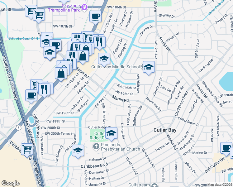 map of restaurants, bars, coffee shops, grocery stores, and more near 9962 Southwest 196th Street in Cutler Bay