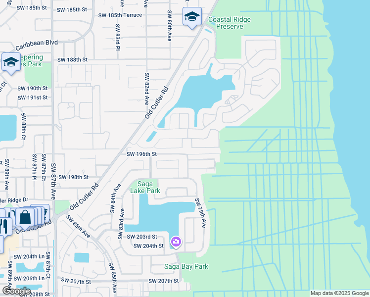 map of restaurants, bars, coffee shops, grocery stores, and more near 19537 Southwest 79th Court in Cutler Bay