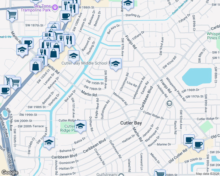 map of restaurants, bars, coffee shops, grocery stores, and more near 19515 Southwest 98th Avenue in Cutler Bay