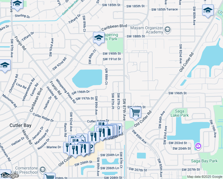 map of restaurants, bars, coffee shops, grocery stores, and more near 19512 Southwest 87th Place in Cutler Bay