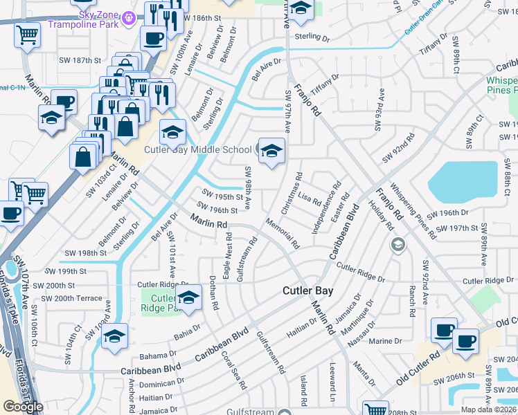 map of restaurants, bars, coffee shops, grocery stores, and more near 19515 Southwest 98th Avenue in Cutler Bay
