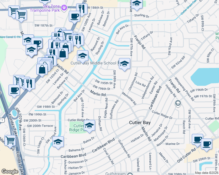map of restaurants, bars, coffee shops, grocery stores, and more near 9855 Southwest 196th Street in Cutler Bay