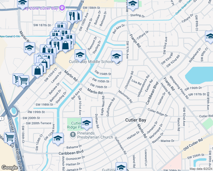 map of restaurants, bars, coffee shops, grocery stores, and more near 9855 Southwest 196th Street in Cutler Bay