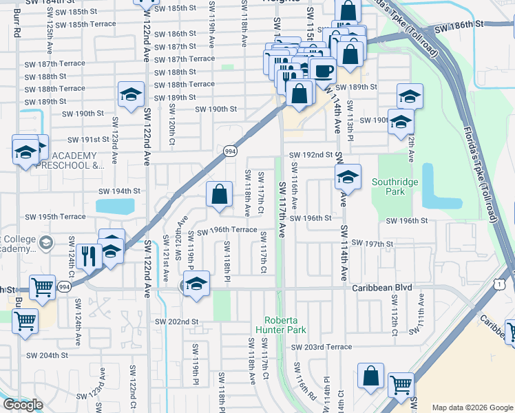 map of restaurants, bars, coffee shops, grocery stores, and more near 19510 SW 117th Ct in Miami